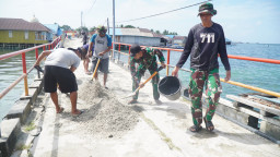 Satgas TMMD dan Warga Gotong Royong Cat Dermaga Desa Umbele