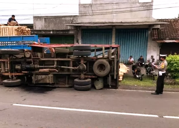 Truk Bermuatan Kayu Sengon di Banyuwangi Terguling