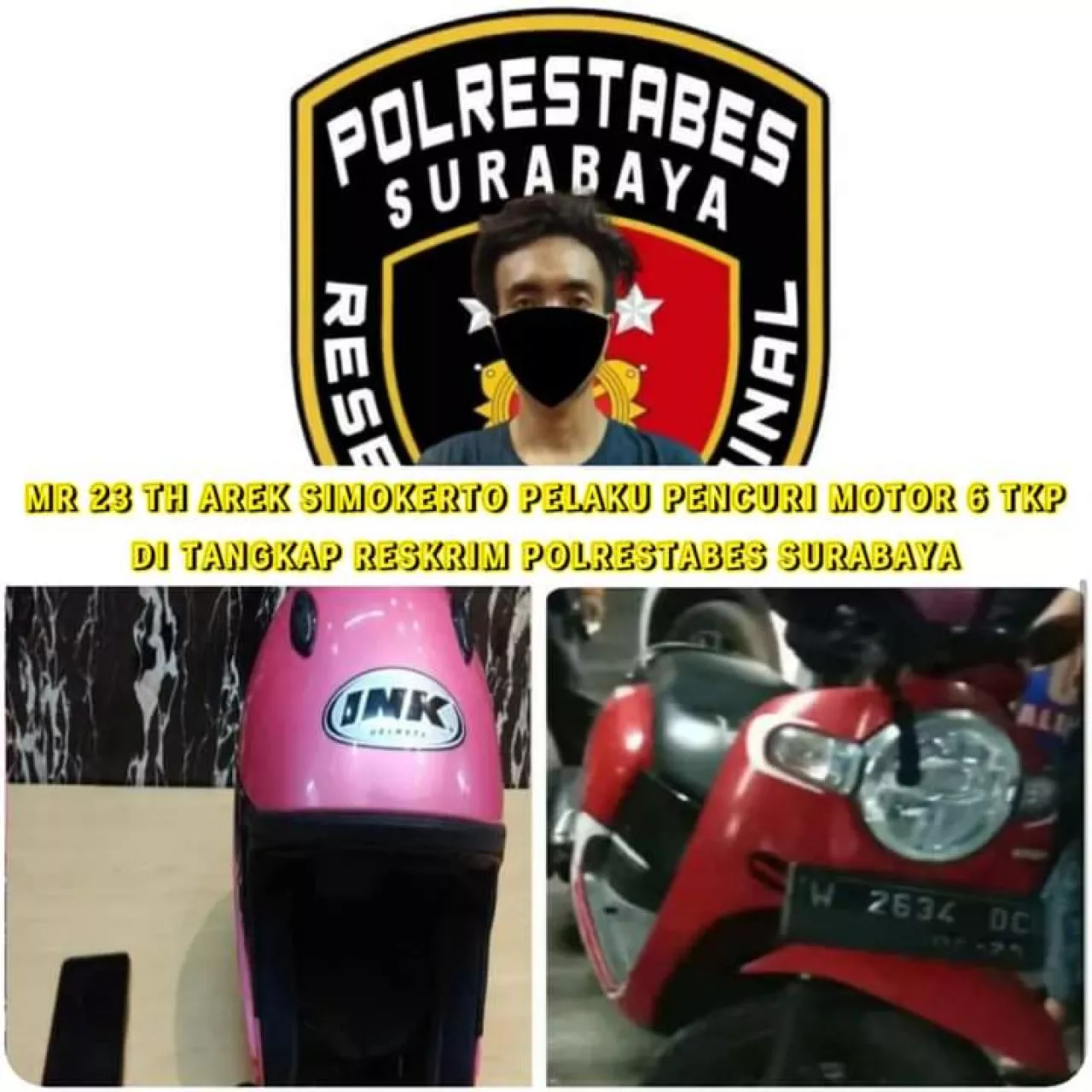 Beraksi di 6 TKP, Pelaku Curanmor Warga Simokerto Diringkus Polisi