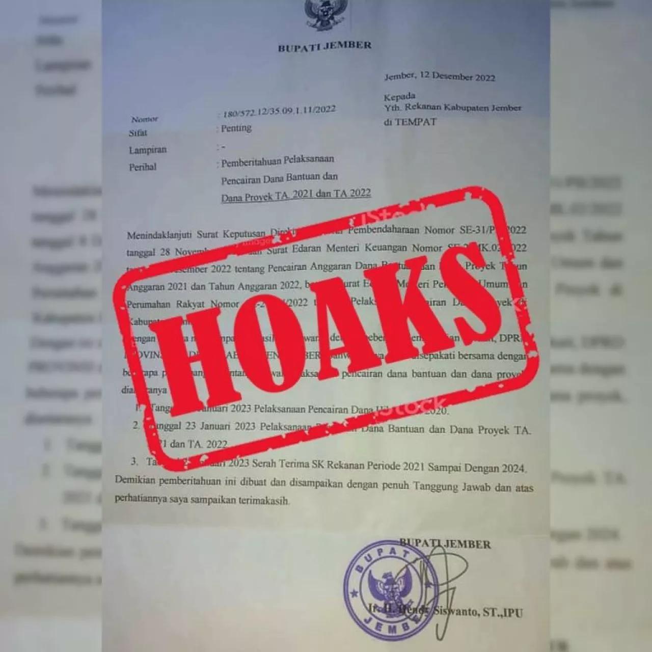 Surat Pencairan Dana Bantuan Pemkab Jember yang Viral di Medsos Hoax