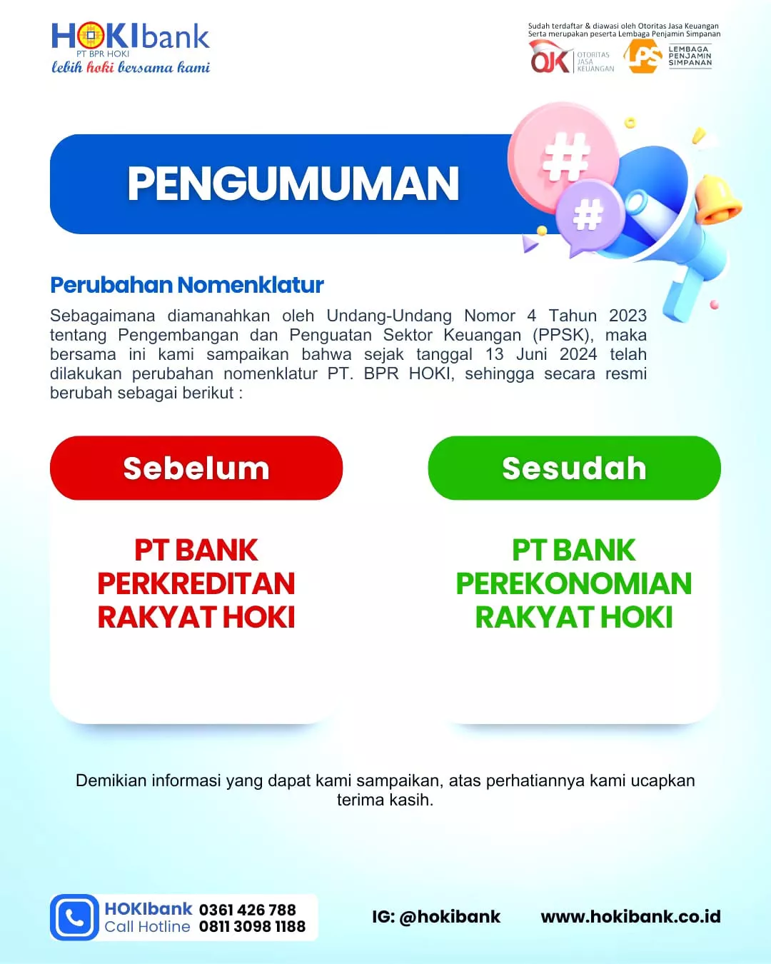 HOKIbank Lebih Hoki Bersama Kami, Perubahan Nomenklatur Resmi Diumumkan