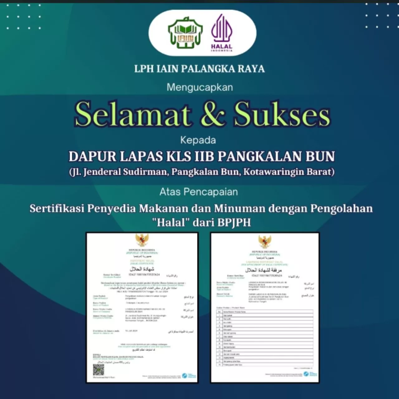 Setelah Laik Higienis, Dapur Lapas Pangkalan Bun Raih Sertifikat Halal