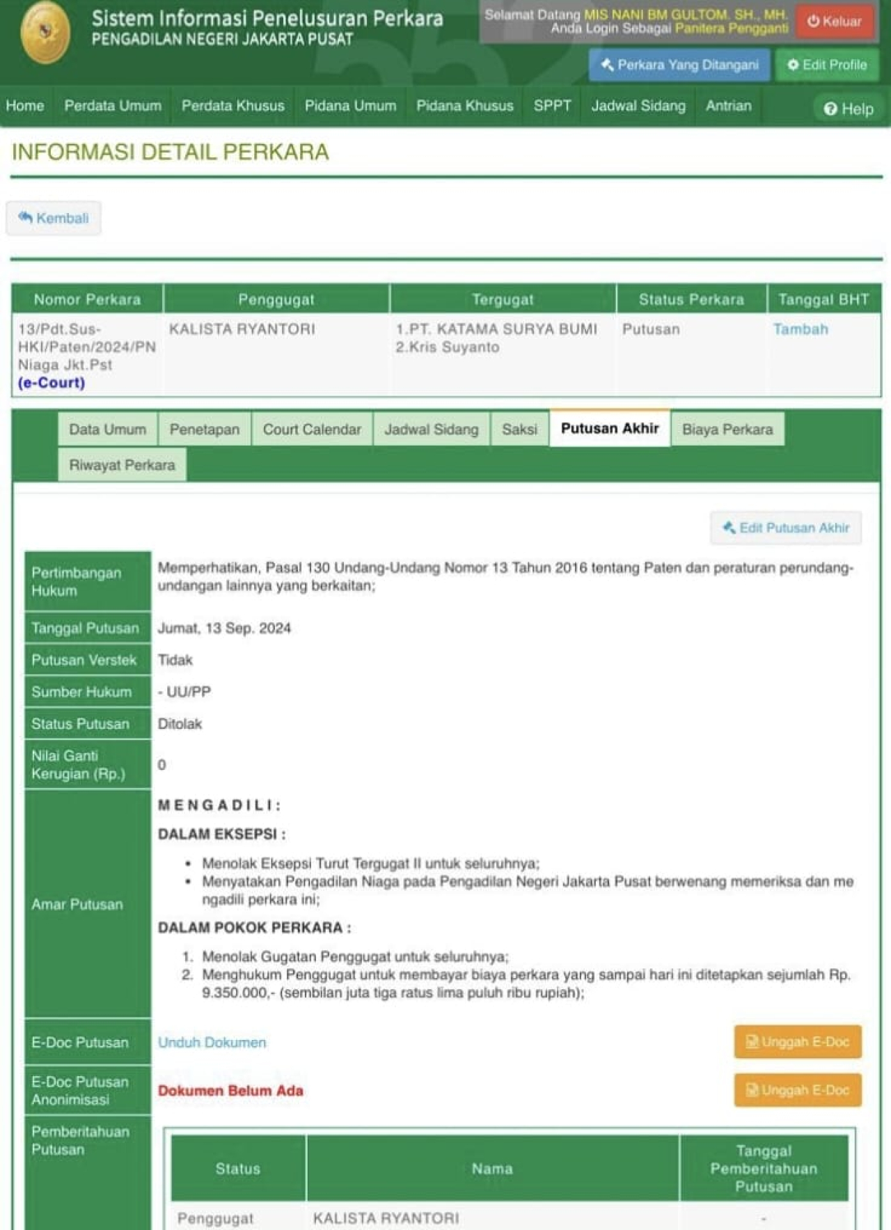 Putusan Pengadilan Niaga PN Jakarta Pusat yang menolak gugatan Kalista Ryantori
