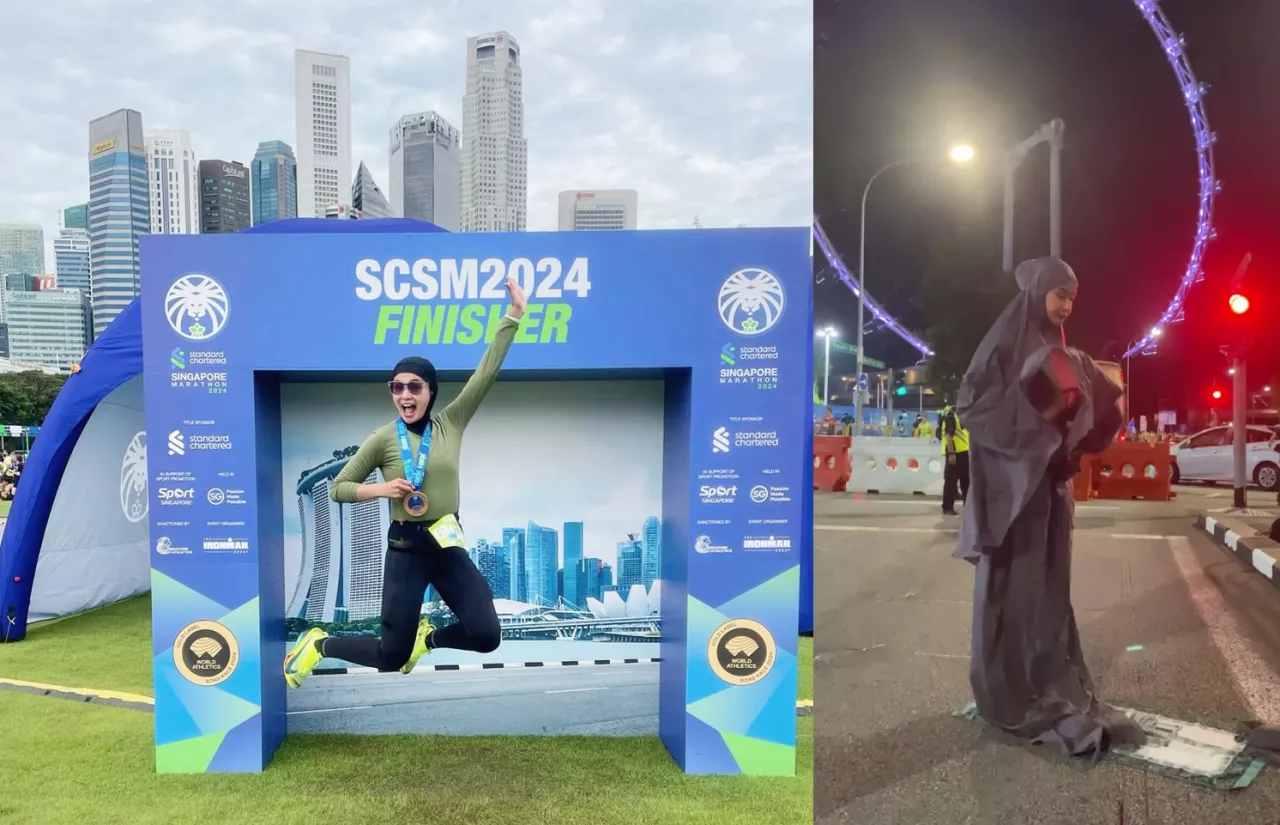 Tetap Prioritaskan Ibadah, Soraya Larasati Salat di Pinggir Jalan pada Ajang Singapore Marathon