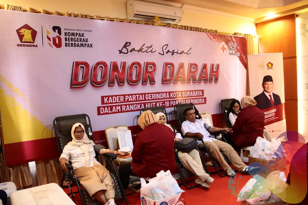 Setetes Darah Untuk Negeri, Gerindra Surabaya Peringati HUT ke 18 Dengan Bakti Sosial