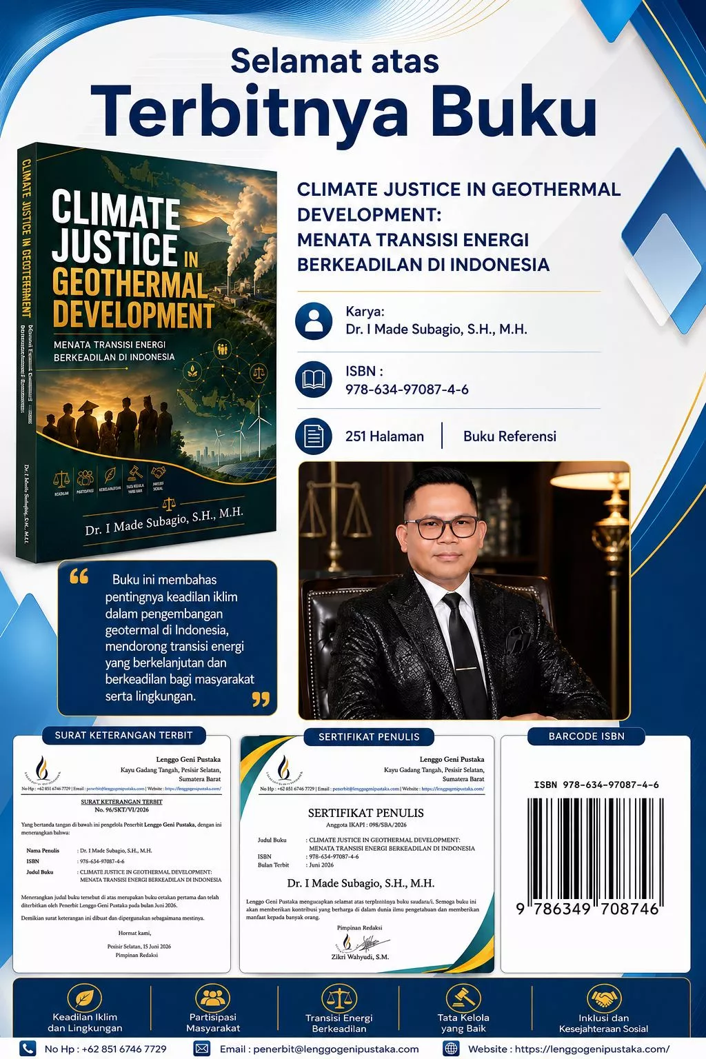 Mengawal Energi Bersih dengan Keadilan, I Made Subagio Luncurkan Buku Climate Justice in Geothermal Development