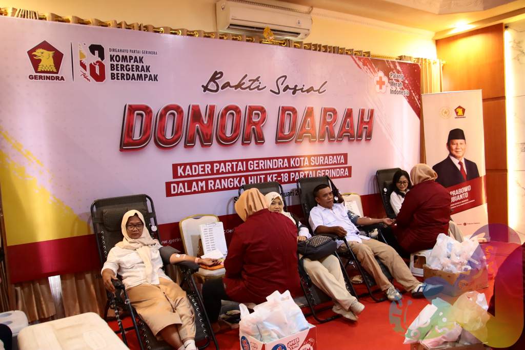Setetes Darah Untuk Negeri, Gerindra Surabaya Peringati HUT ke 18 Dengan Bakti Sosial