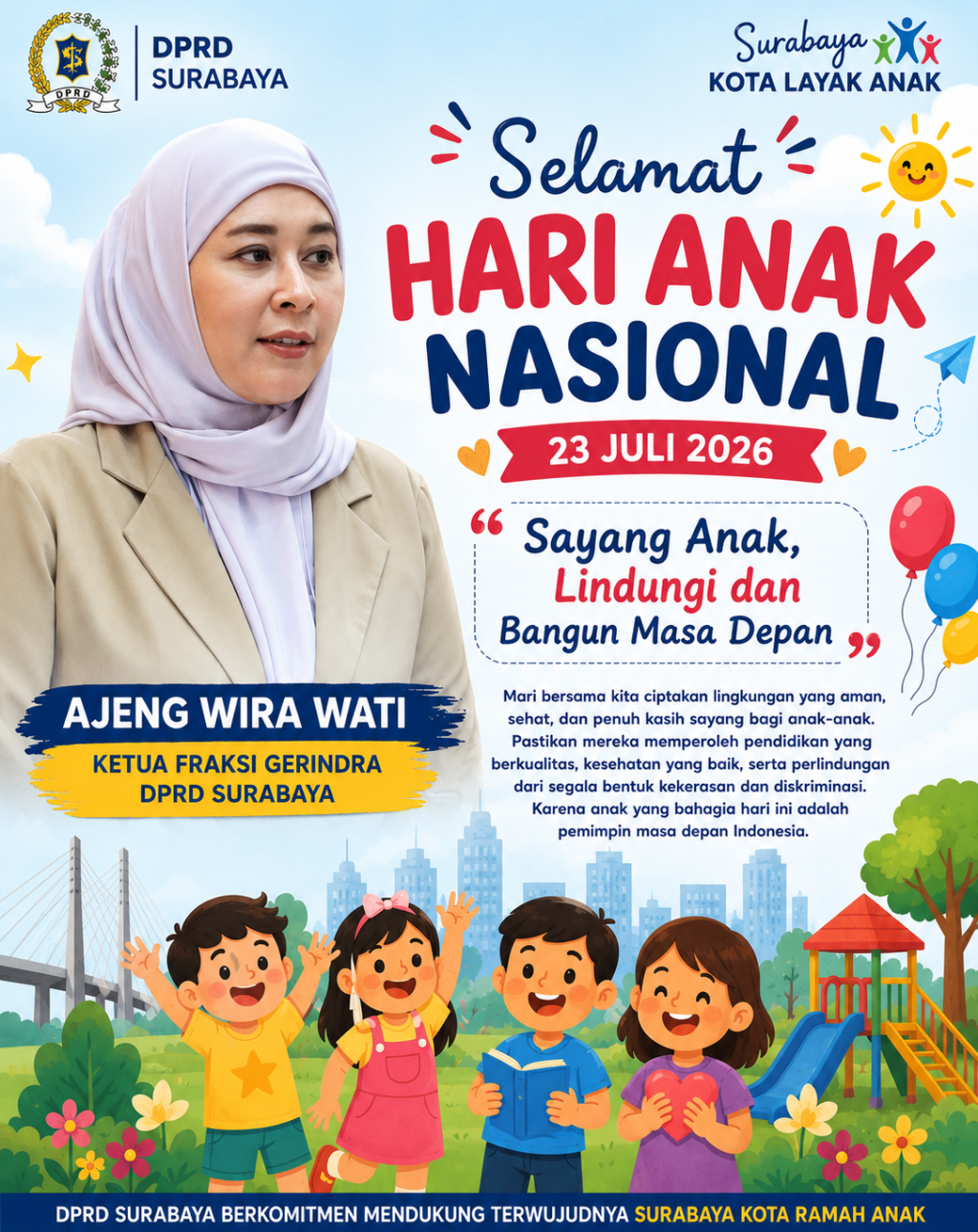 Sambut Hari Anak Nasional, Ajeng Wira Wati Dorong Penguatan Hak dan Perlindungan Anak di Surabaya