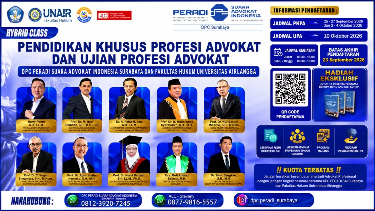Kolaborasi Strategis PERADI SAI–FH Unair, PKPA dan UPA 2026 Resmi Dibuka